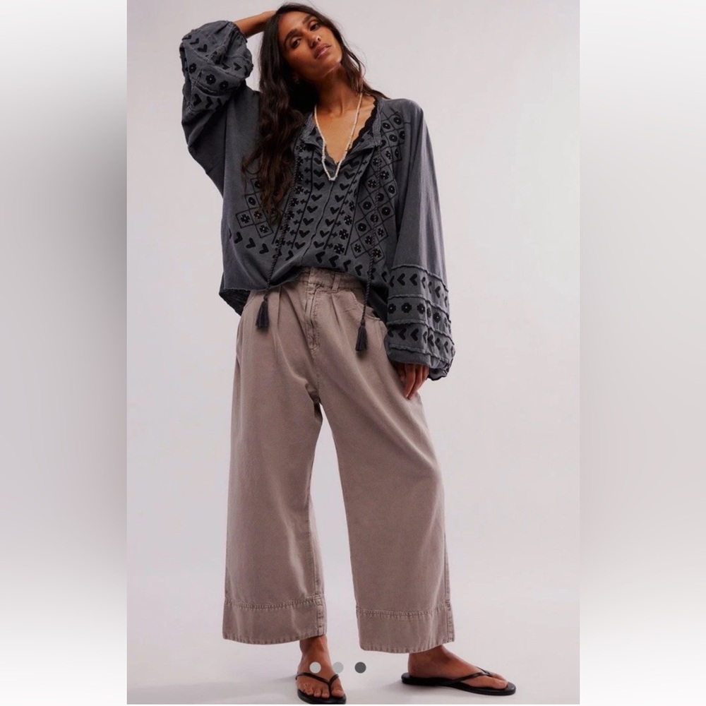 Free People Savannah Embroidered Top Balloon Sleeves Slouchy Wash Black - Picture 3 of 5